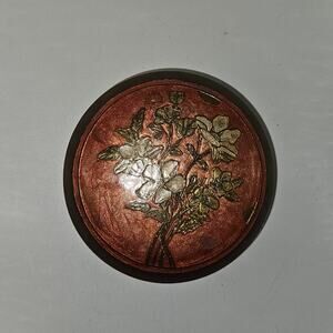 Vintage Brass Trinket Box 4" Red Enamel Floral Inlay Round Jewelry Powder Case